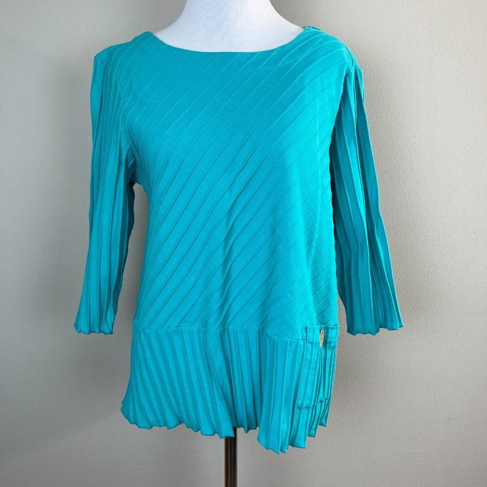 Ali Miles Top Petite Large Teal Asymmetrical Pocket 3/4 Sleeve Textured Women PL